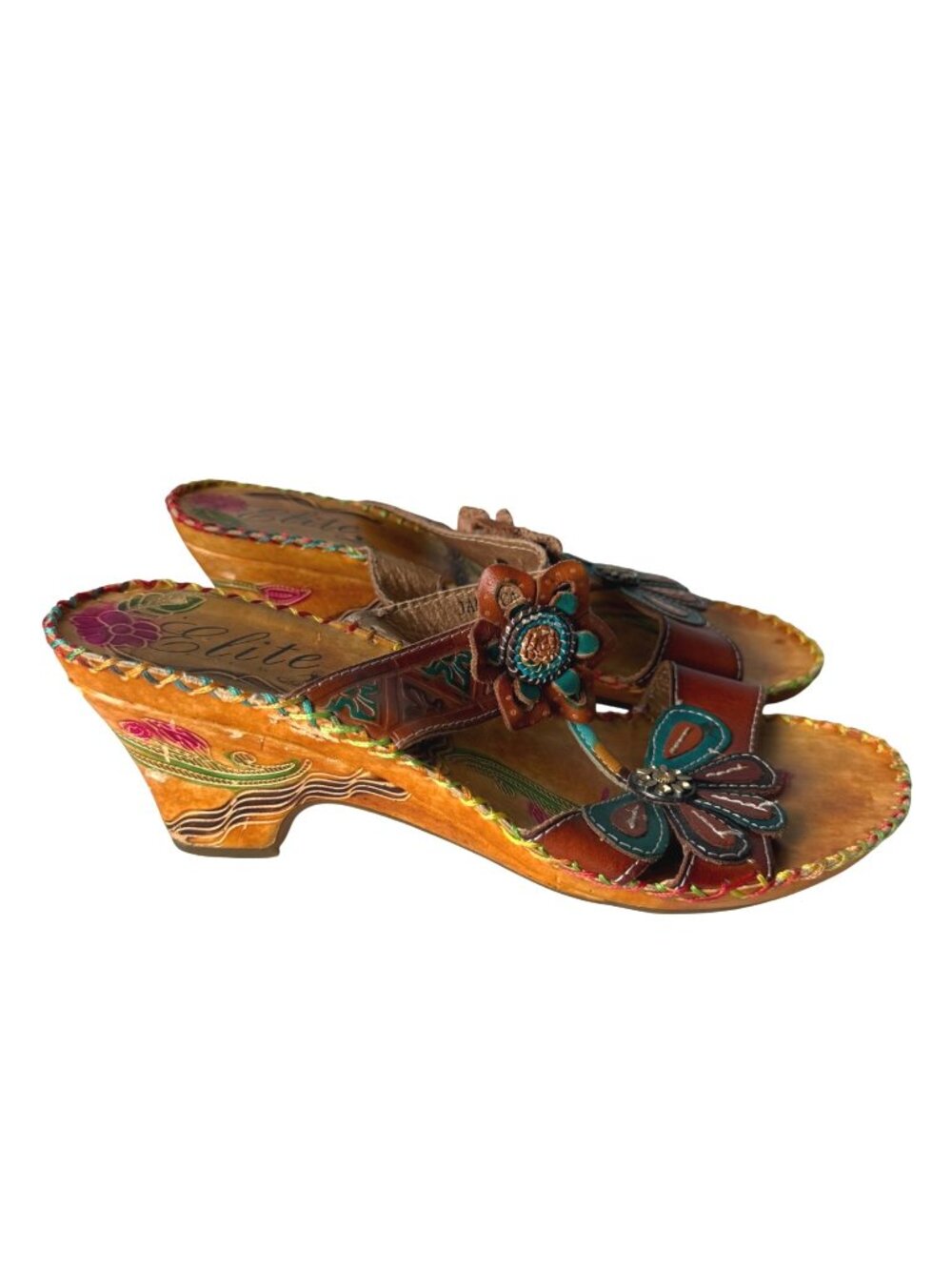 Elite by Corkys Women's Slide Wedge Sandals 10 Jamaica Leather Floral Multicolor